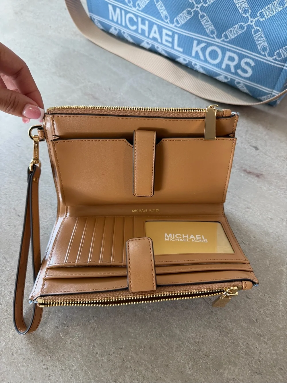 Michael Kors Light Blue Signature Canvas Tote with Tan Strap and wallet
